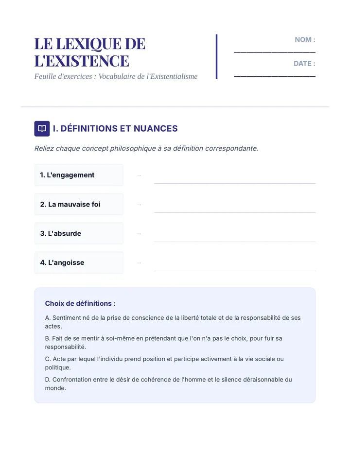Lexique de l'Existence Worksheet