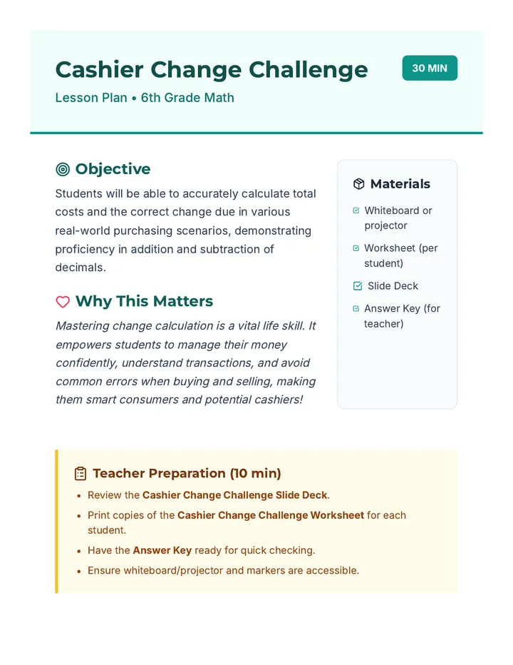 Cashier Change Challenge Lesson Plan