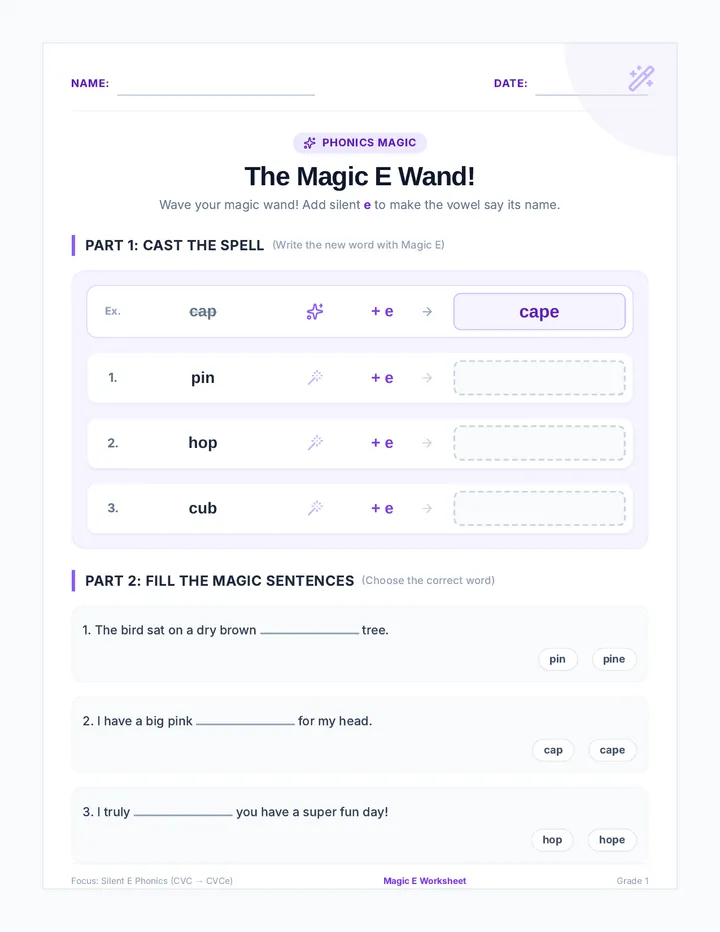 Magic E Wand Worksheet