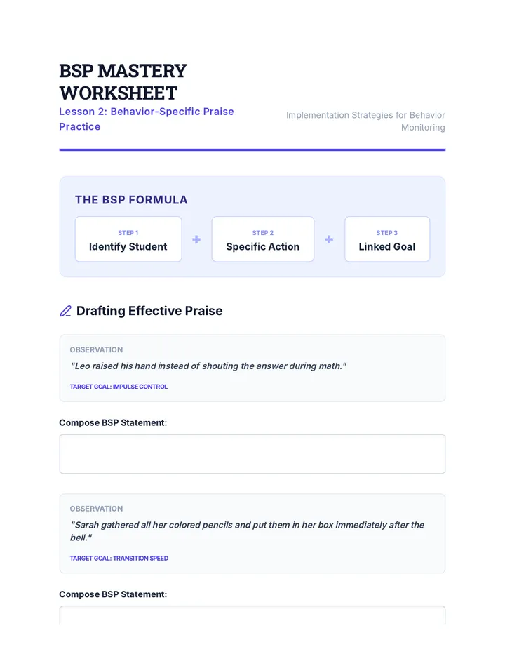BSP Mastery Worksheet