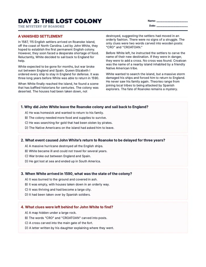 Day 3 Vanished Colony Worksheet