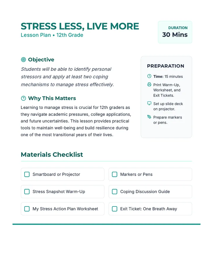 Stress Less Lesson Plan