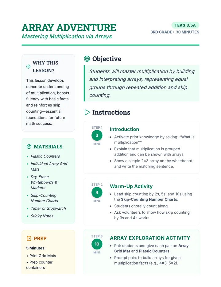 Array Adventure Lesson Plan