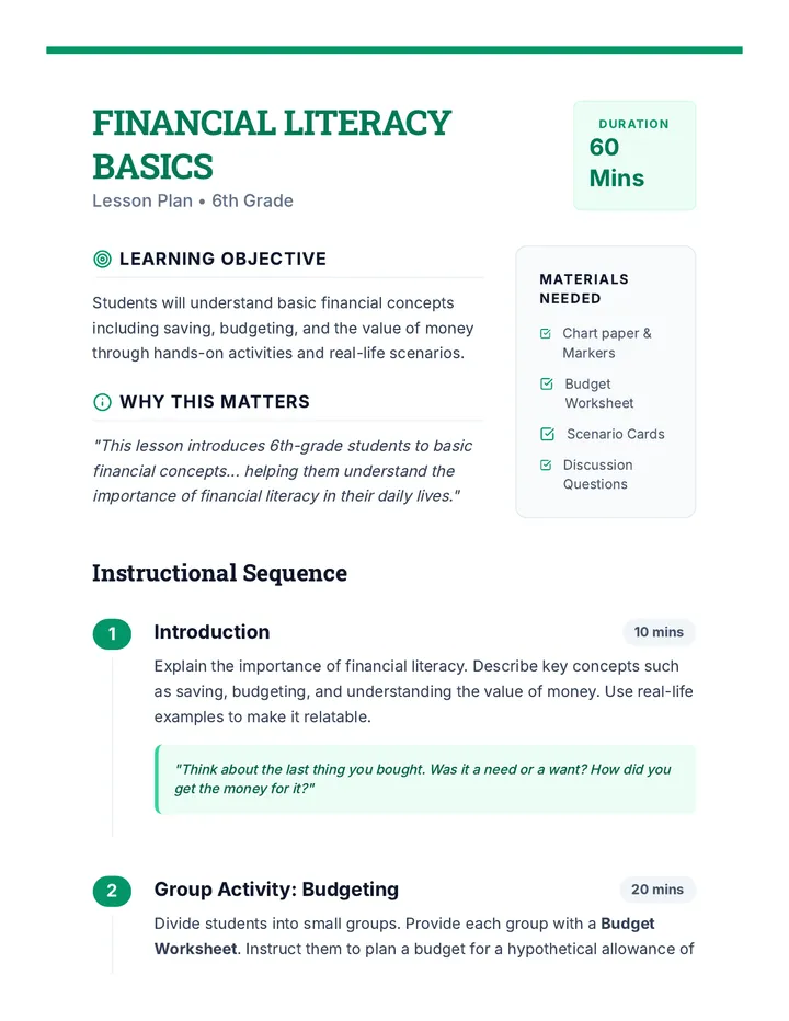 Financial Literacy Lesson Plan