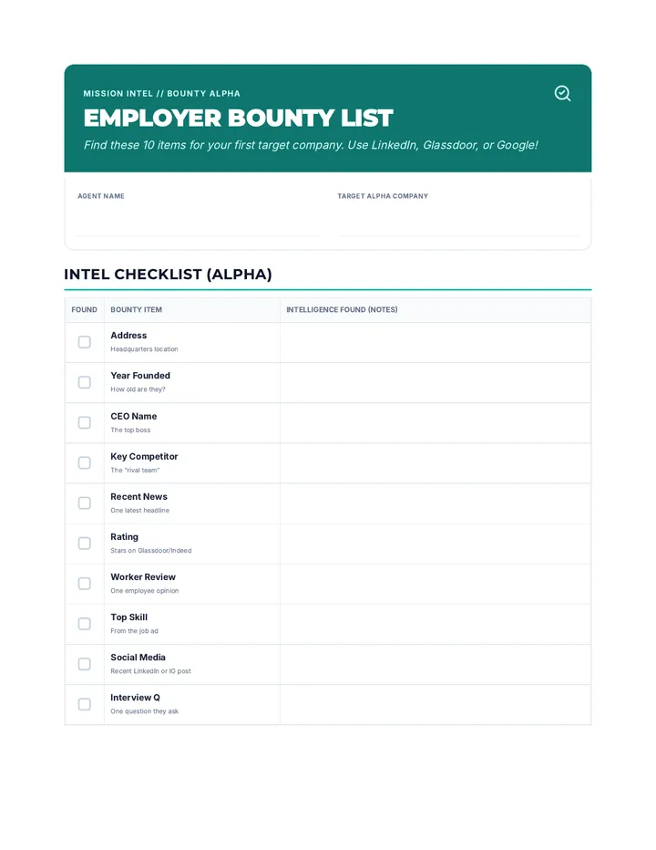 Employer Bounty List Worksheet