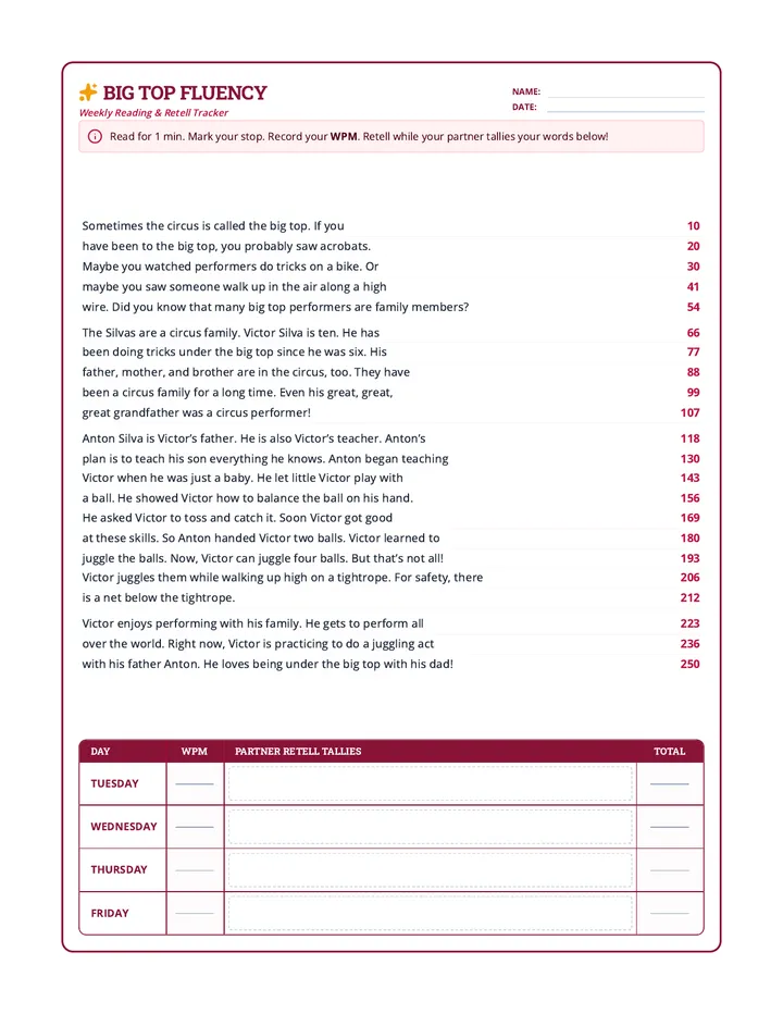Big Top Fluency Worksheet