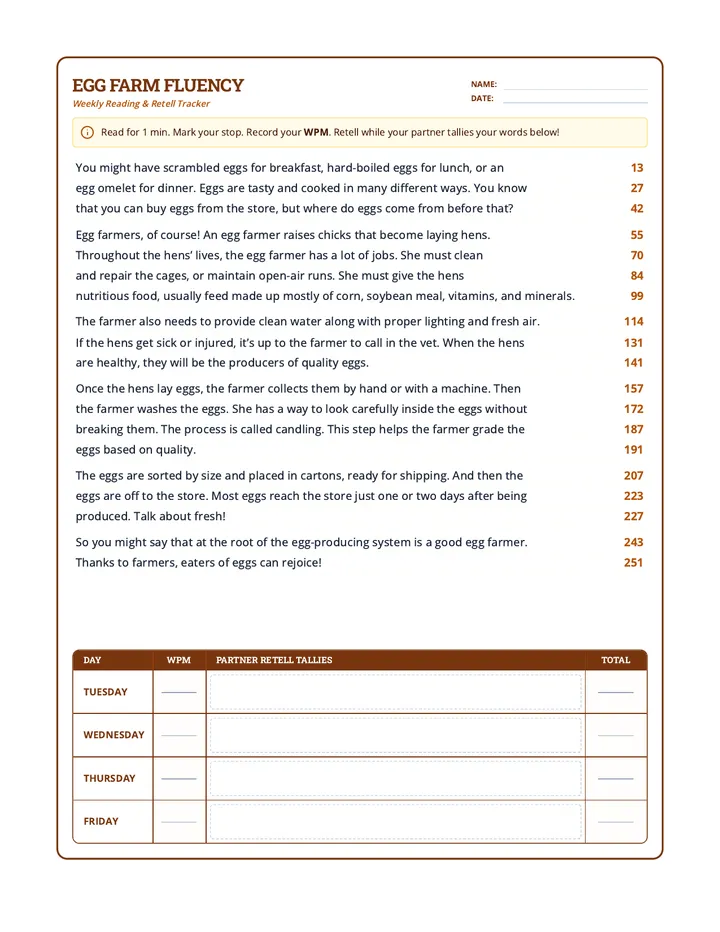 Egg Farm Fluency Worksheet
