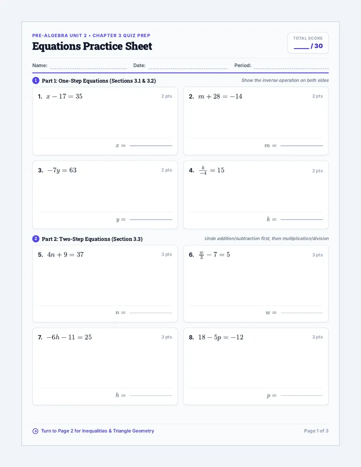 Quiz Readiness Practice Sheet