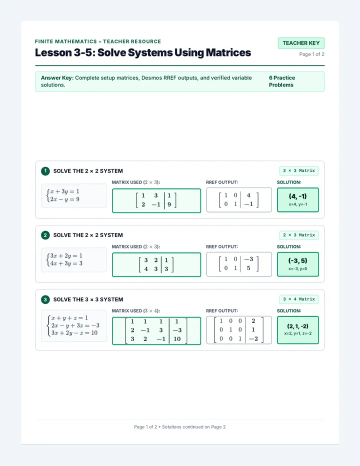 Lesson 3-5 Solve Systems Using Matrices Worksheet Key