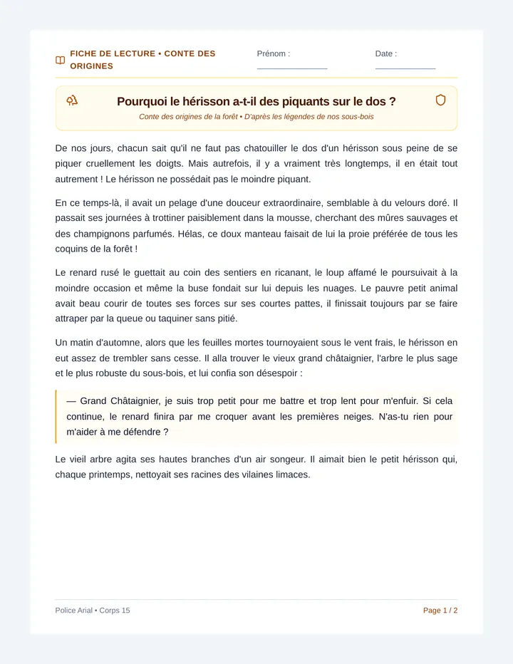 Herisson Conte Fiche Lecture