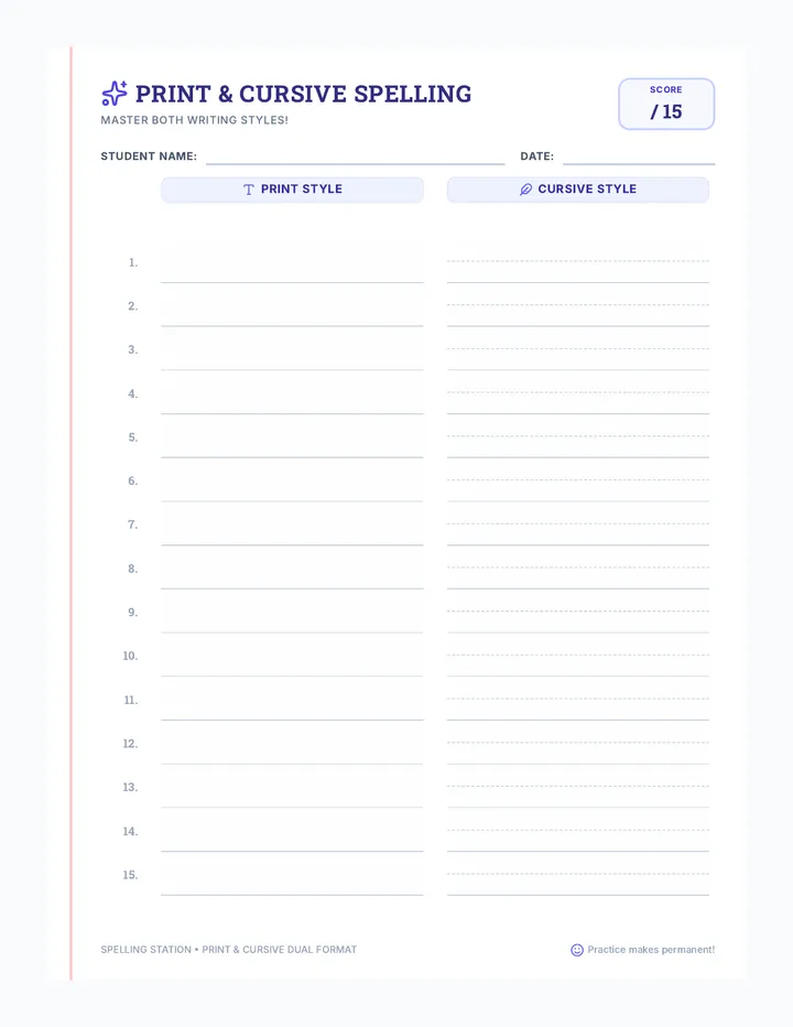 Print Cursive Spelling Worksheet