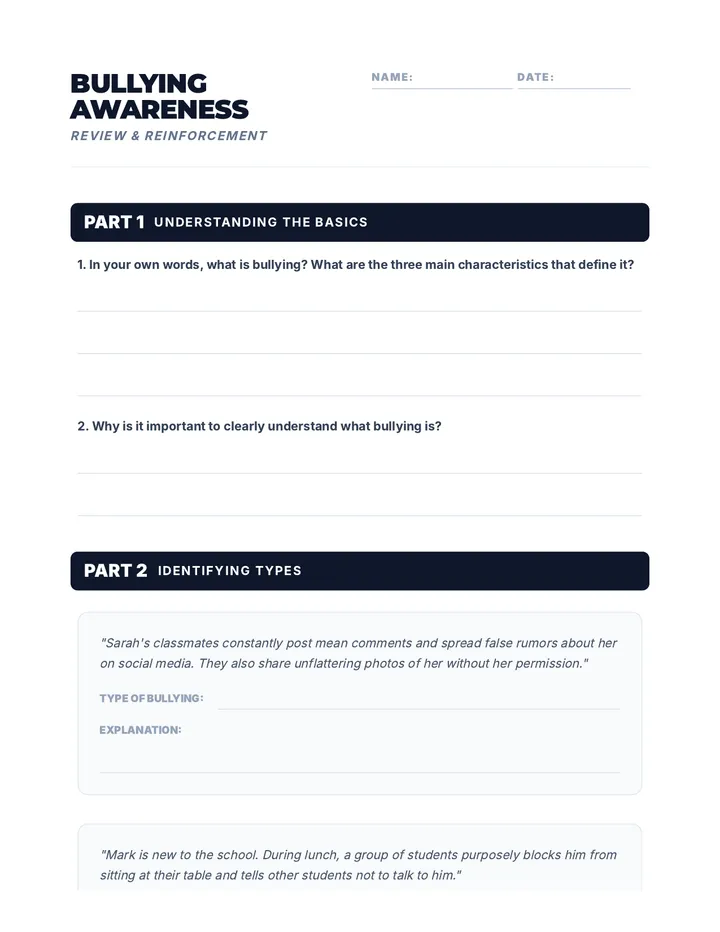 Bullying Awareness Worksheet Handout