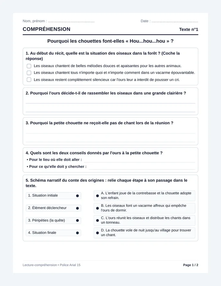 Chouette Comprehension Fiche Eleve