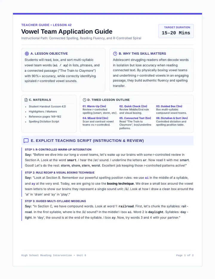 Vowel Team Application Teacher Guide