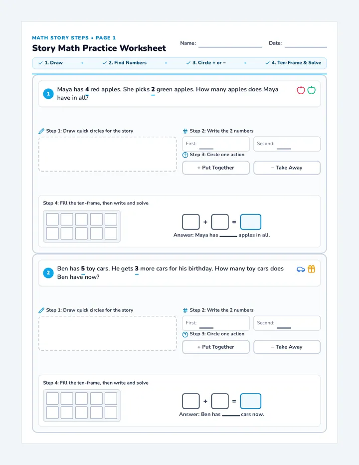 Story Math Practice Worksheet