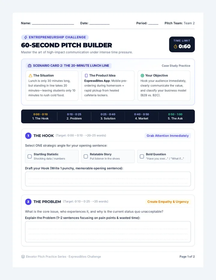 Elevator Pitch Practice Worksheet