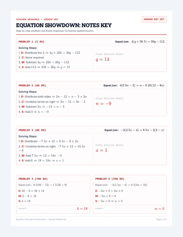 Equation Showdown Teacher Key
