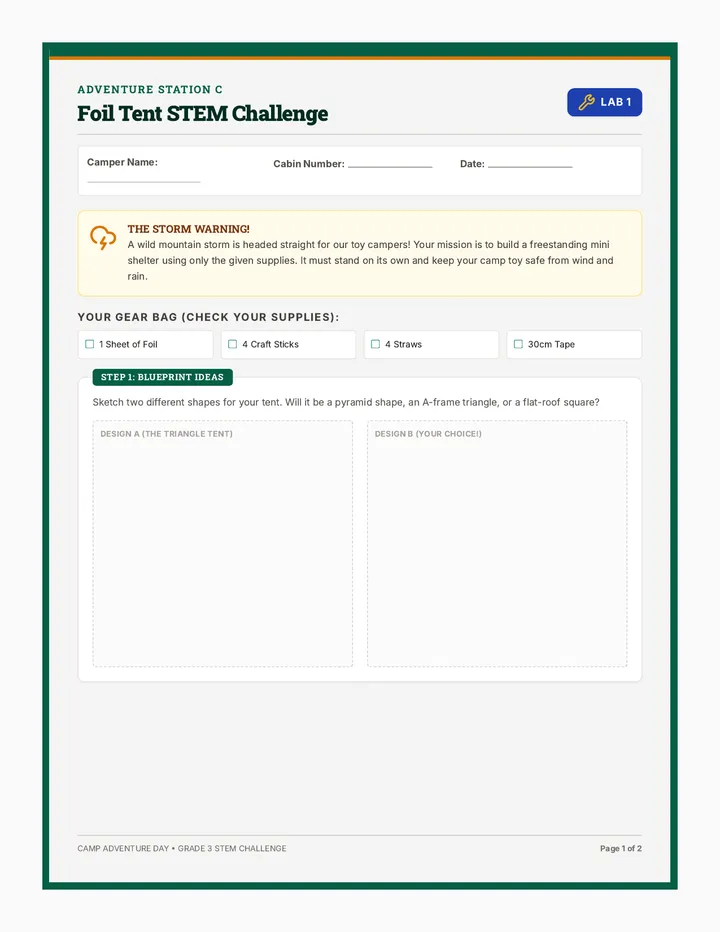 Foil Tent STEM Worksheet