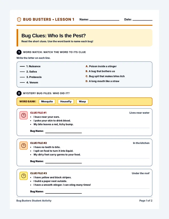 Bug Clues Worksheet