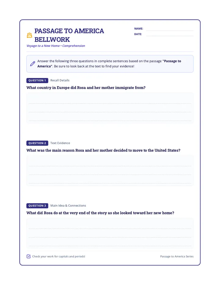 Passage to America Bellwork Worksheet