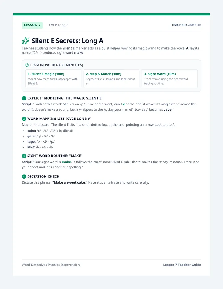 Silent E Long A Teacher Guide