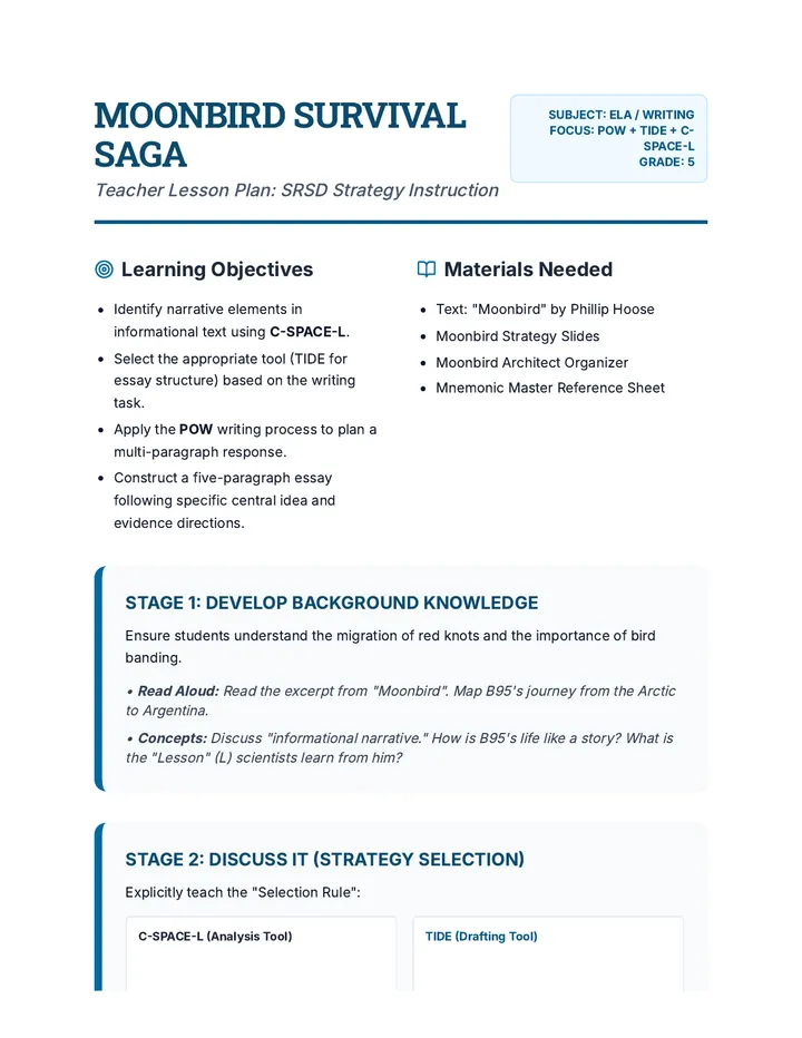 Moonbird Writing Lesson Plan