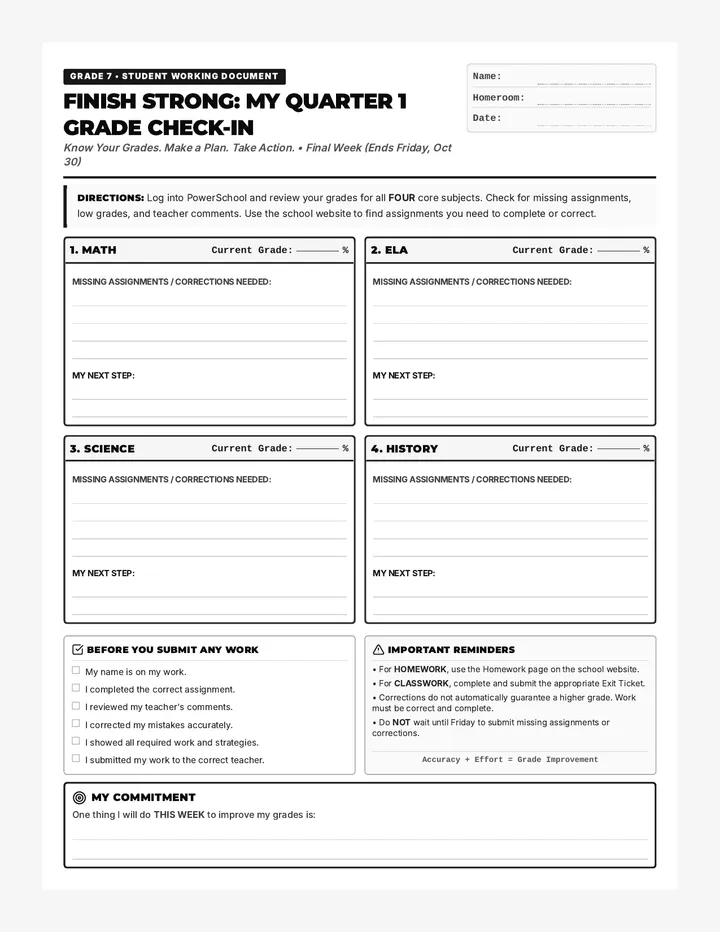 Grade Check In Worksheet
