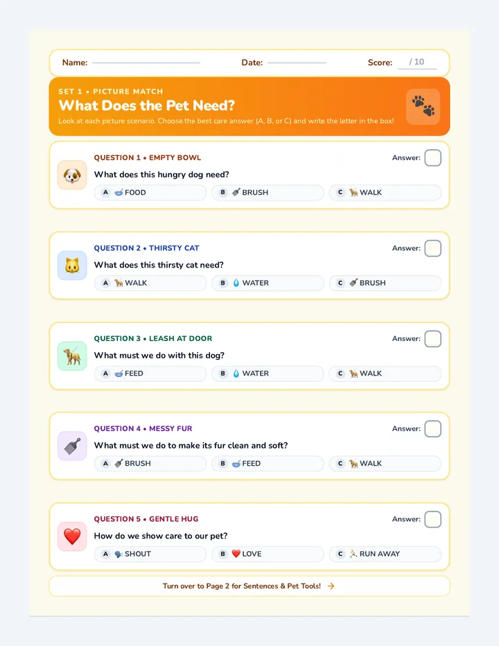 Pet Care Match Worksheet