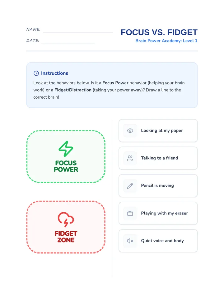 Focus vs Fidget Worksheet