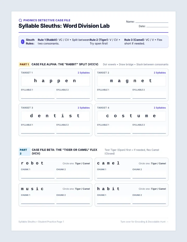 Syllable Sleuths Practice Worksheet