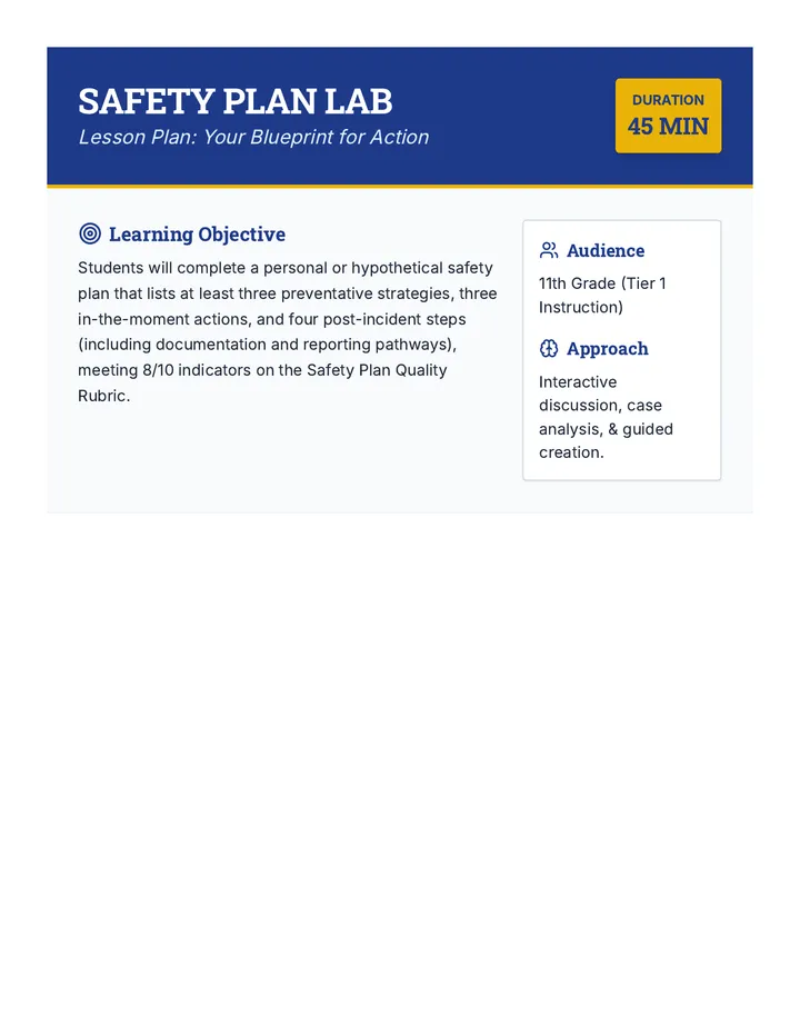 Safety Planning Lesson Plan and Notes