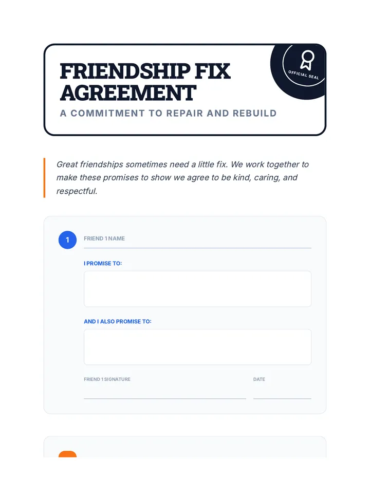 Friendship Fix Agreement Worksheet