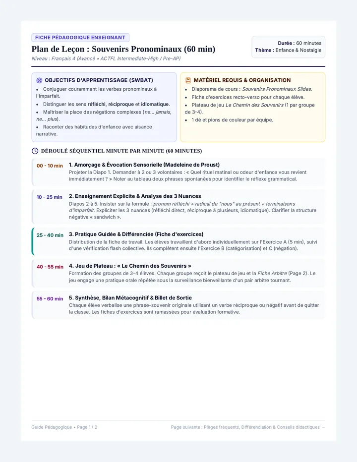 Souvenirs Pronominaux Teacher Guide