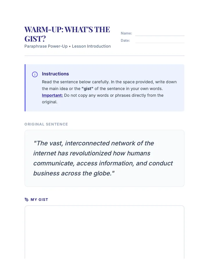 Whats the Gist Warm Up Handout