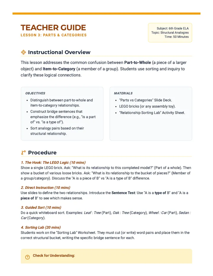 Parts and Categories Teacher Guide