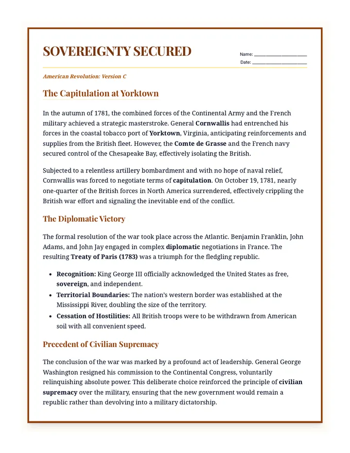 American Revolution End Version C Worksheet