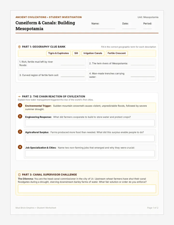 Cuneiform and Canals Worksheet