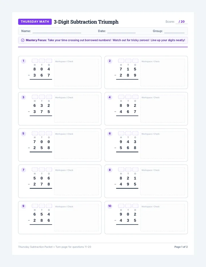 Thursday Subtraction Packet