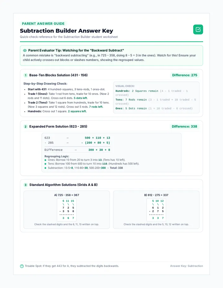 Subtraction Builder Answer Key