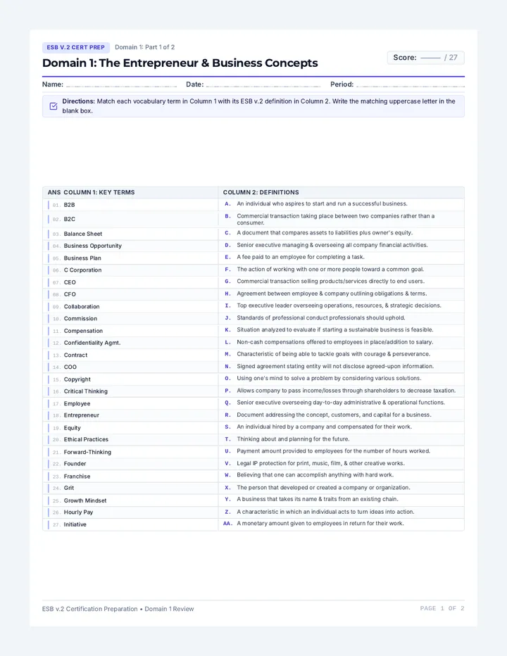 Domain One Match Worksheet