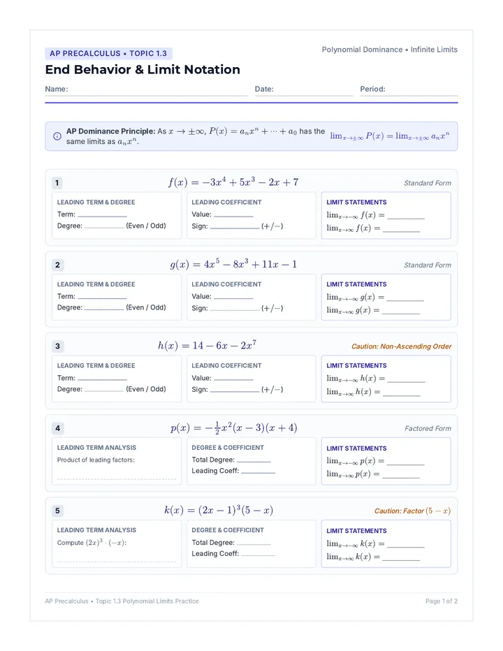 End Behavior Limits Worksheet