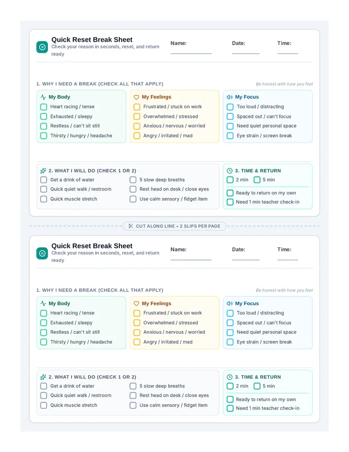 Quick Reset Break Sheet