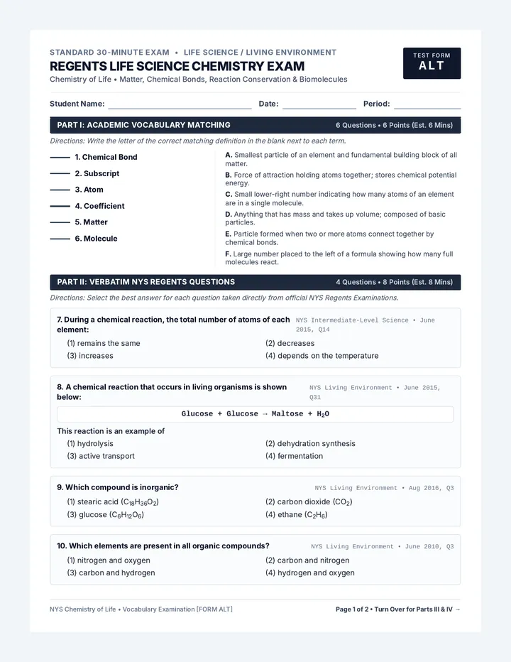 Life Chemistry Exam Alternate Document