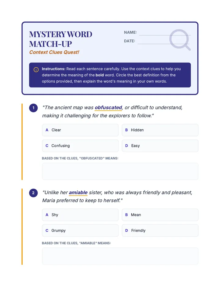 Mystery Word Match-Up Worksheet
