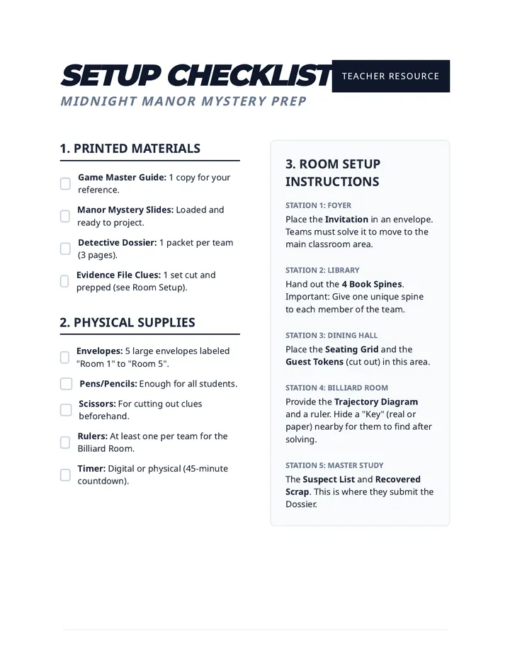 Setup Checklist Teacher Resource