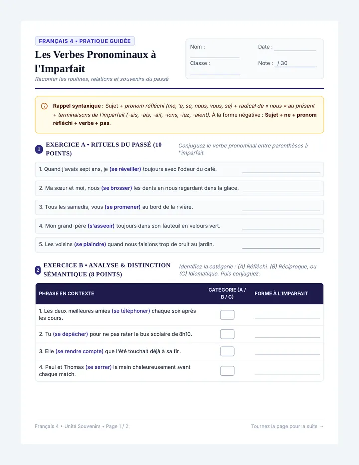 Souvenirs Pronominaux Worksheet