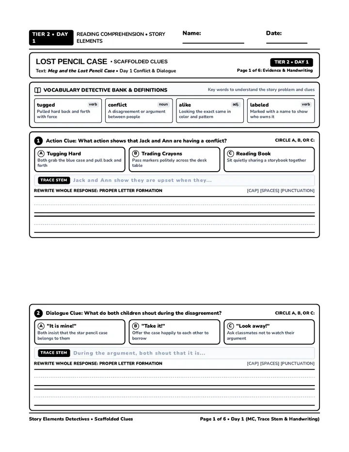 Pencil Case Tier 2 Worksheet