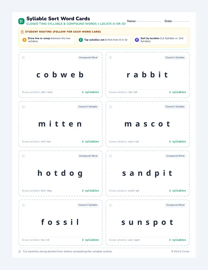 Syllable Sort Word Cards