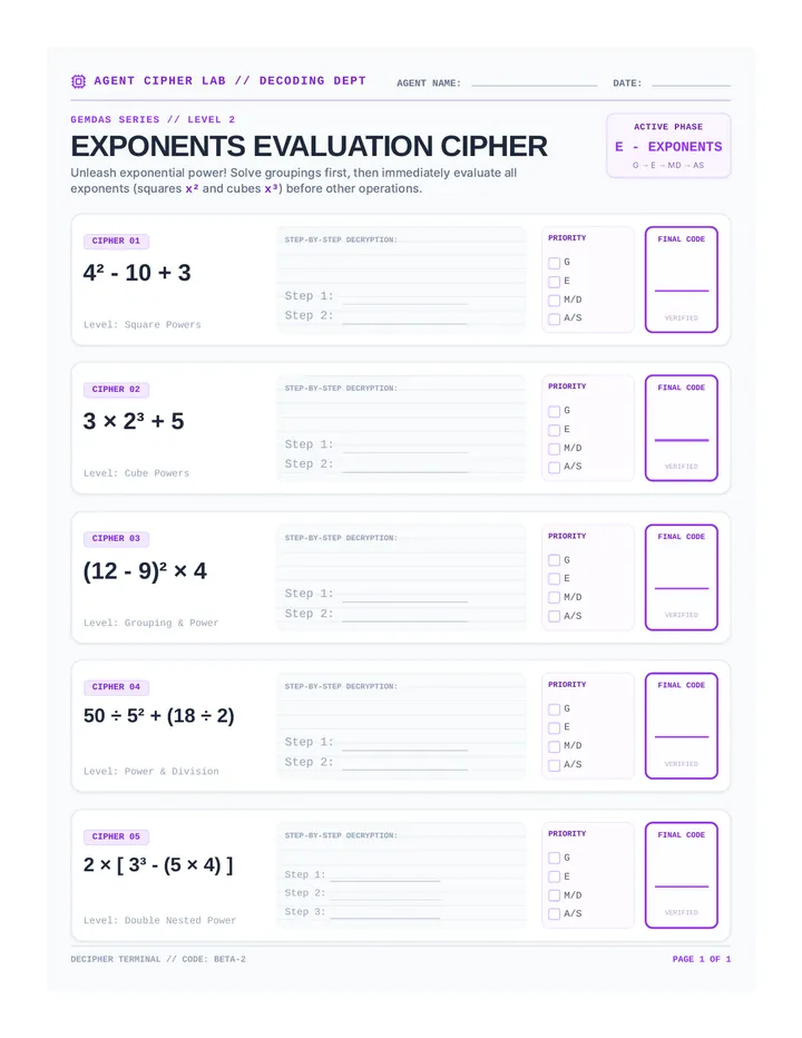 Exponents Evaluation Worksheet