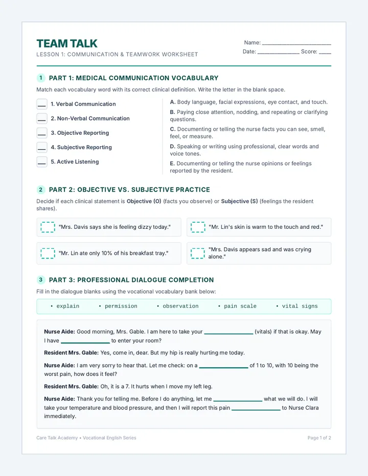 Team Talk Worksheet